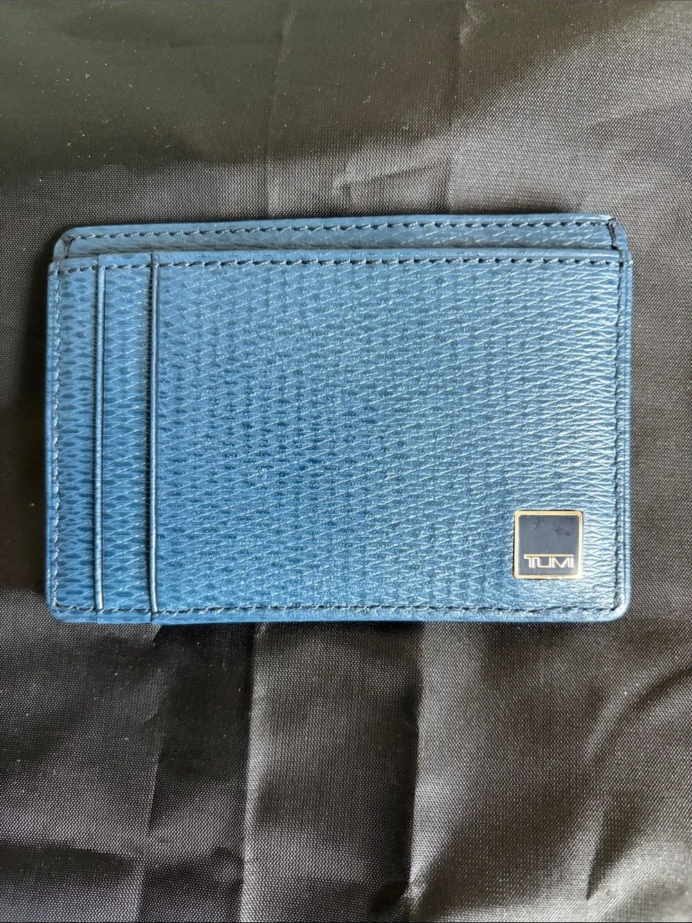 Men’s Tumi Blue Leather Slim Card Holder/Money Clip with Metal Logo - Picture 2 of 9